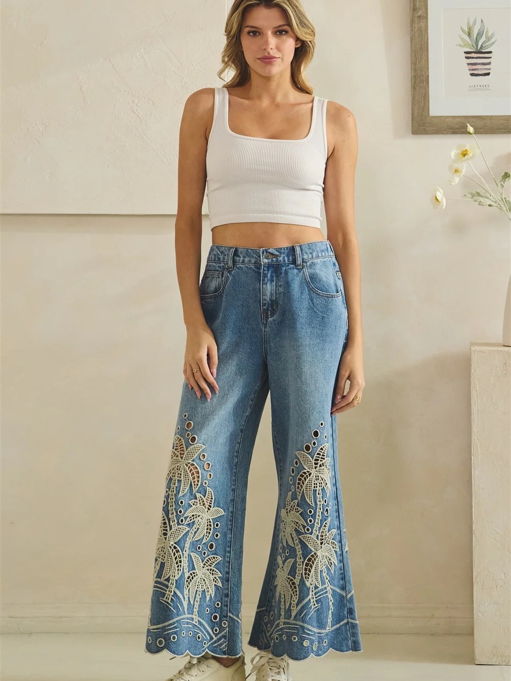 Oli & Hali EYELET CUTOUT PALM TREE FLARED PANTS